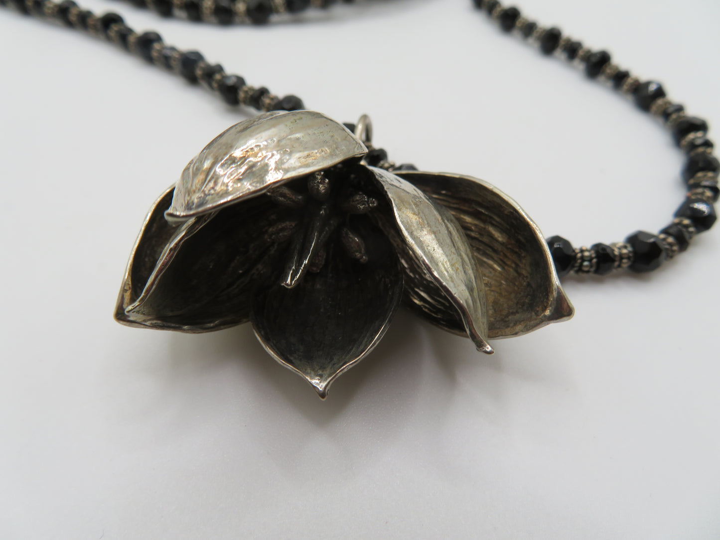 Vintage Sterling Silver Gothic Black Beaded Flower Choker Necklace