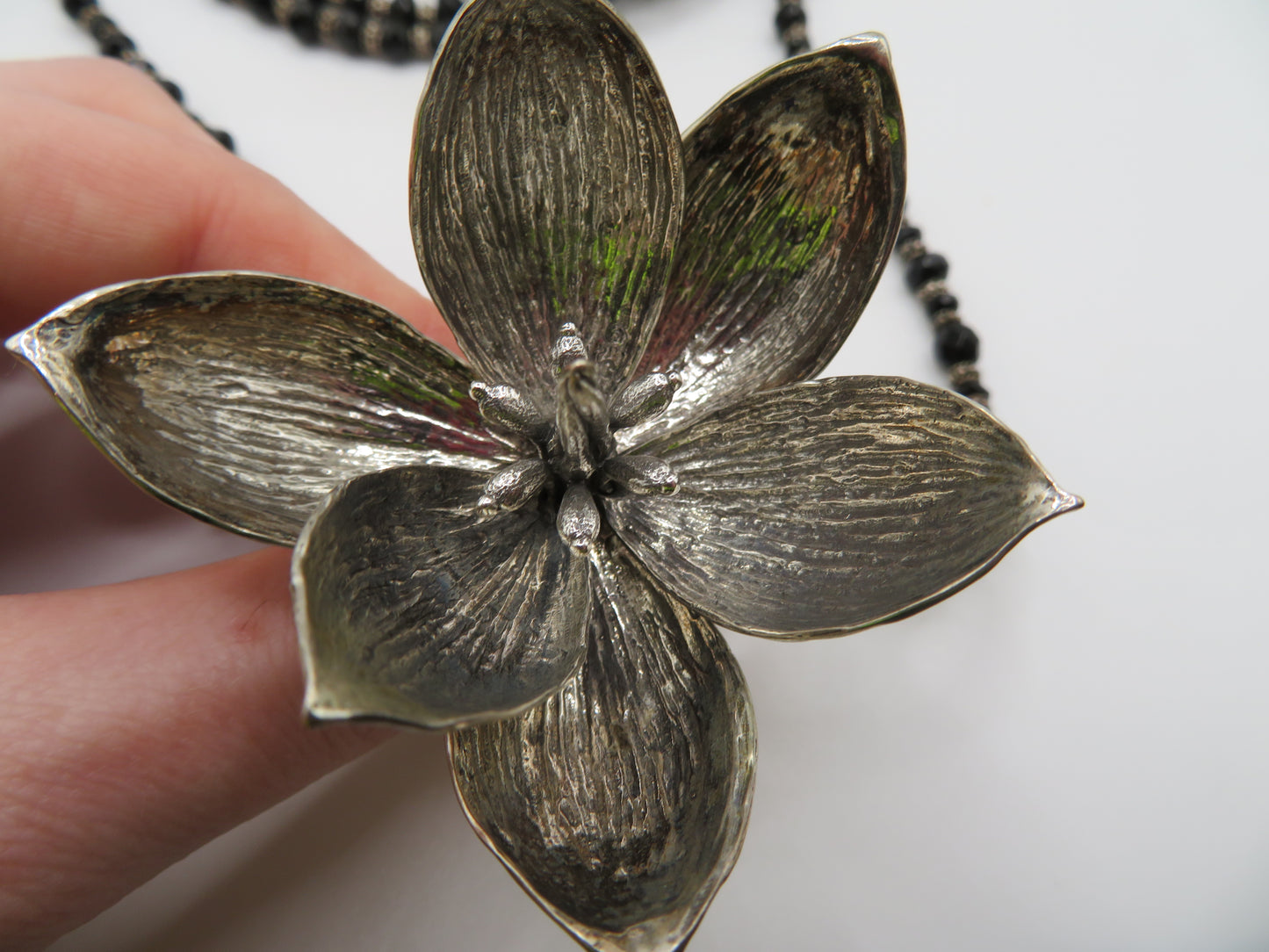 Vintage Sterling Silver Gothic Black Beaded Flower Choker Necklace