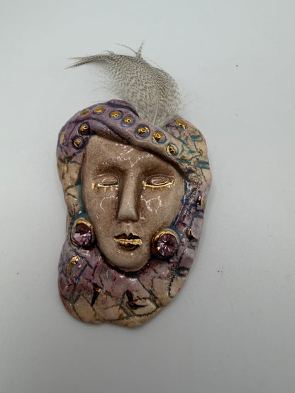 Vintage Ceramic Art Deco Lady Brooch, Artist-Made