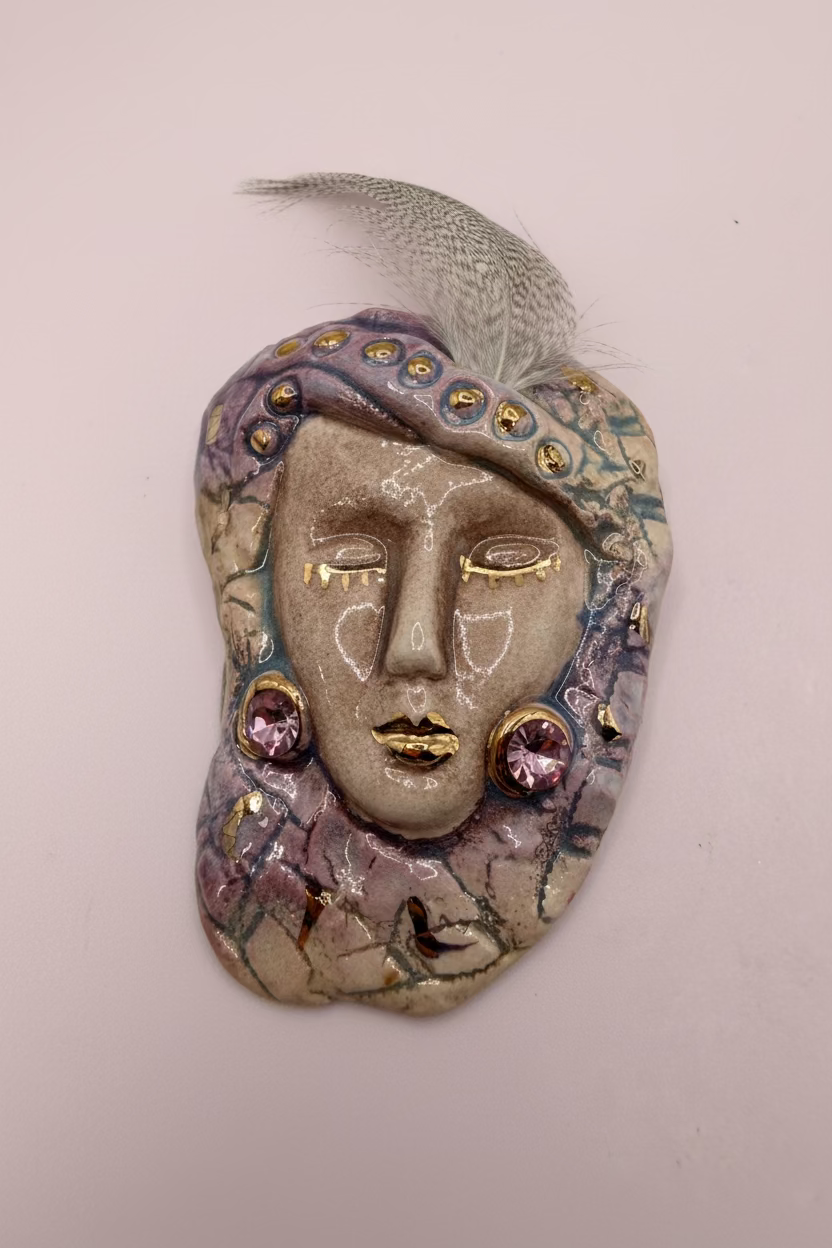 Vintage Ceramic Art Deco Lady Brooch, Artist-Made