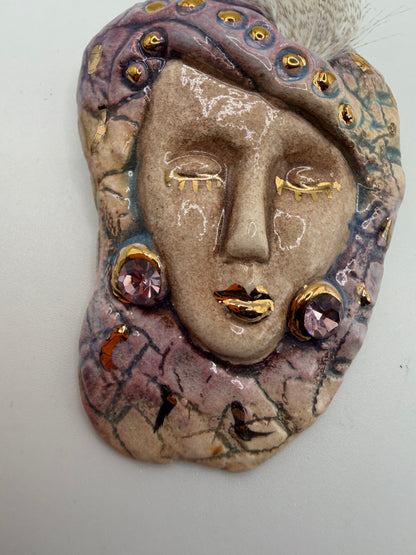 Vintage Ceramic Art Deco Lady Brooch, Artist-Made
