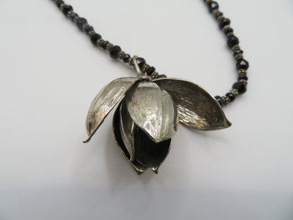 Vintage Sterling Silver Gothic Black Beaded Flower Choker Necklace