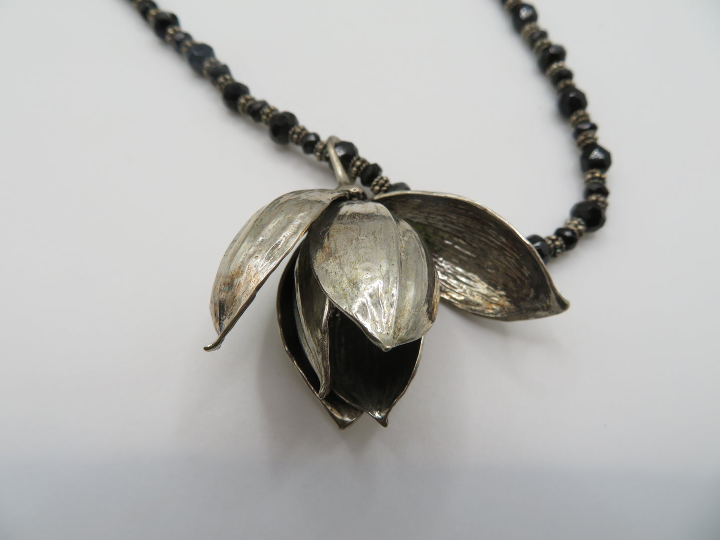 Vintage Sterling Silver Gothic Black Beaded Flower Choker Necklace