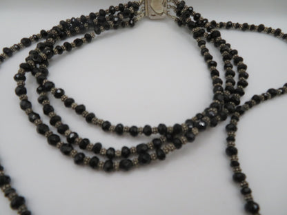 Vintage Sterling Silver Gothic Black Beaded Flower Choker Necklace