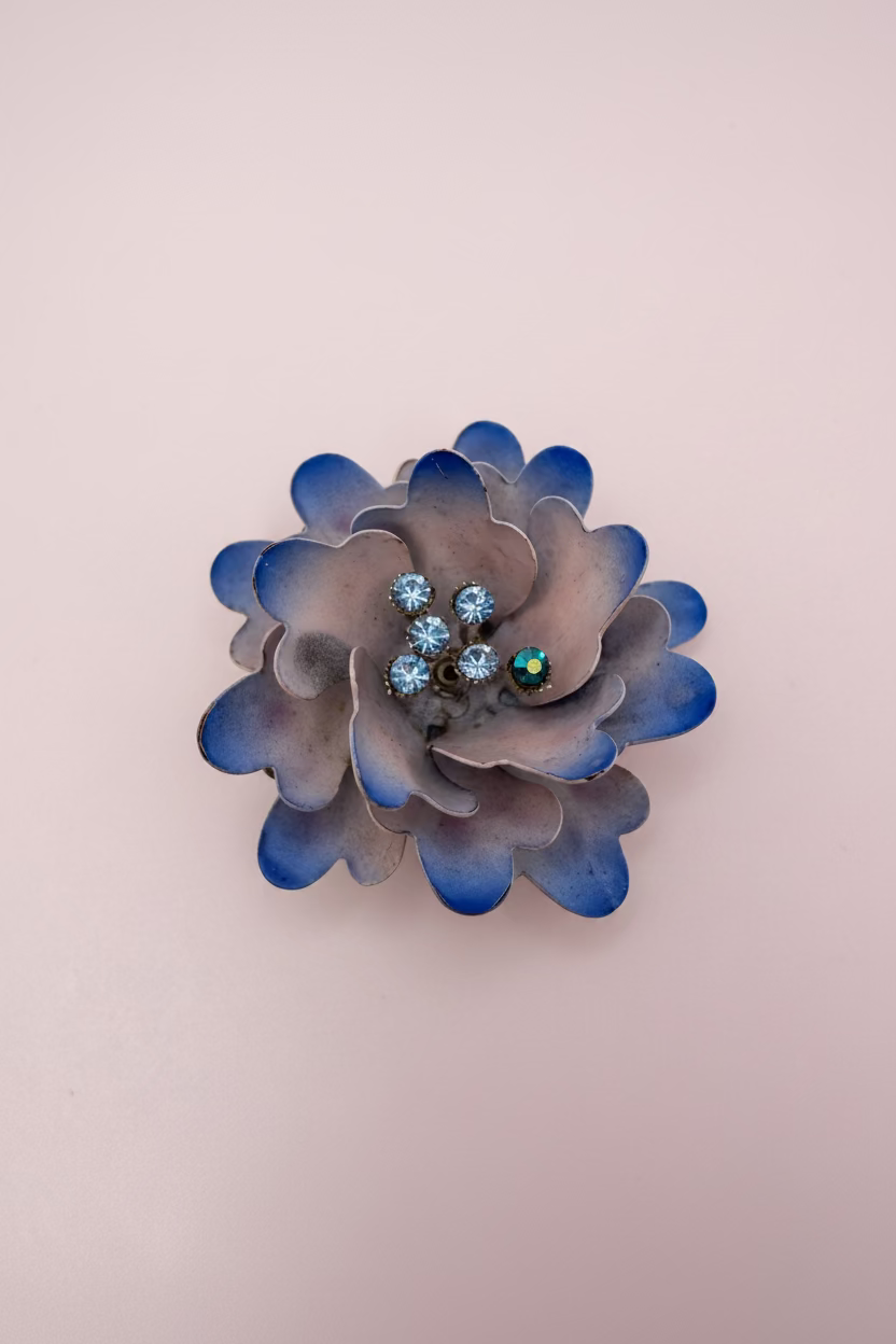 Vintage Sculptural Blue Enamel and Crystal Flower Brooch