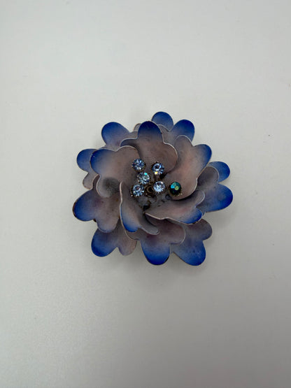 Vintage Sculptural Blue Enamel and Crystal Flower Brooch