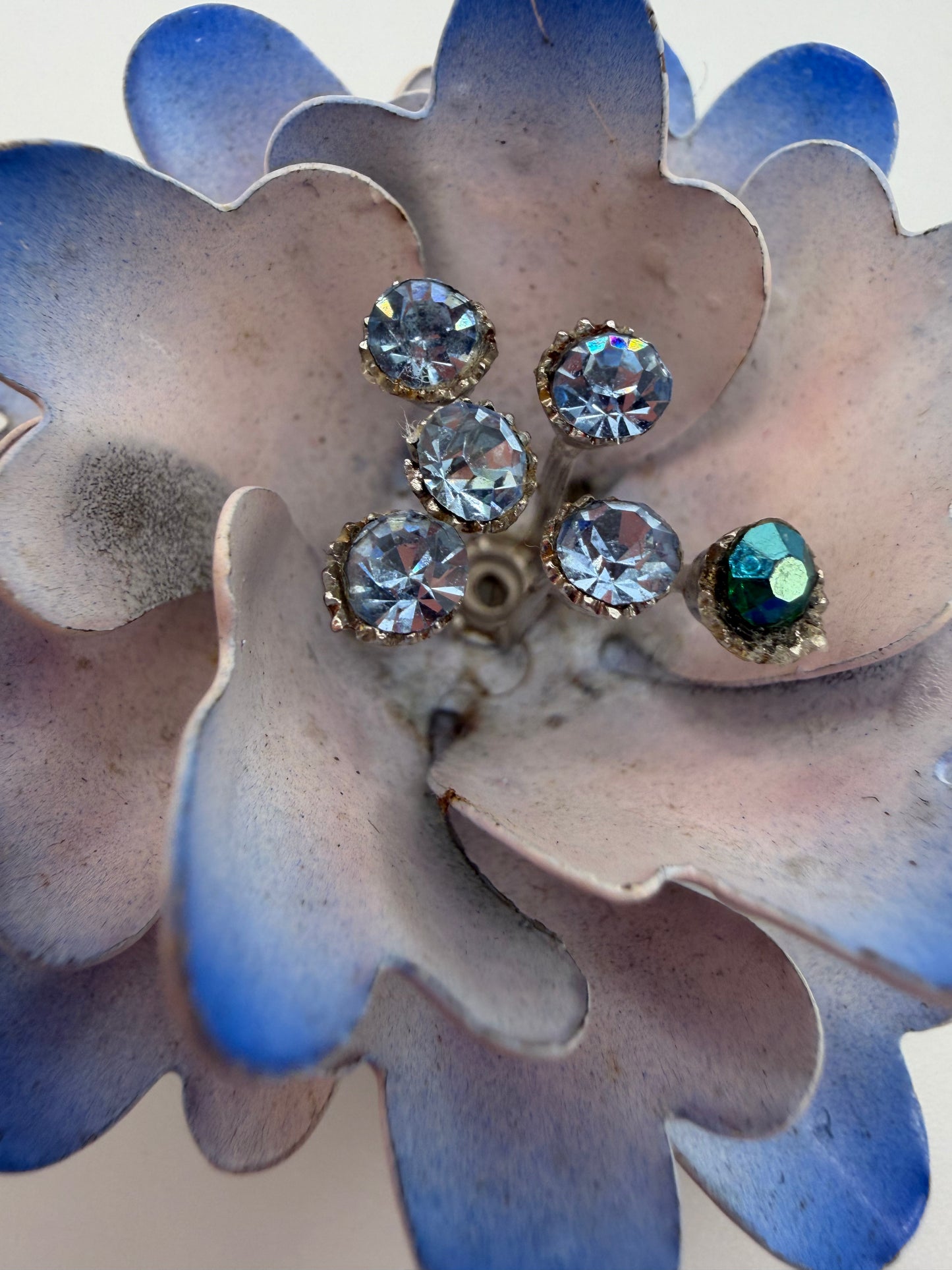 Vintage Sculptural Blue Enamel and Crystal Flower Brooch
