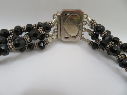 Vintage Sterling Silver Gothic Black Beaded Flower Choker Necklace