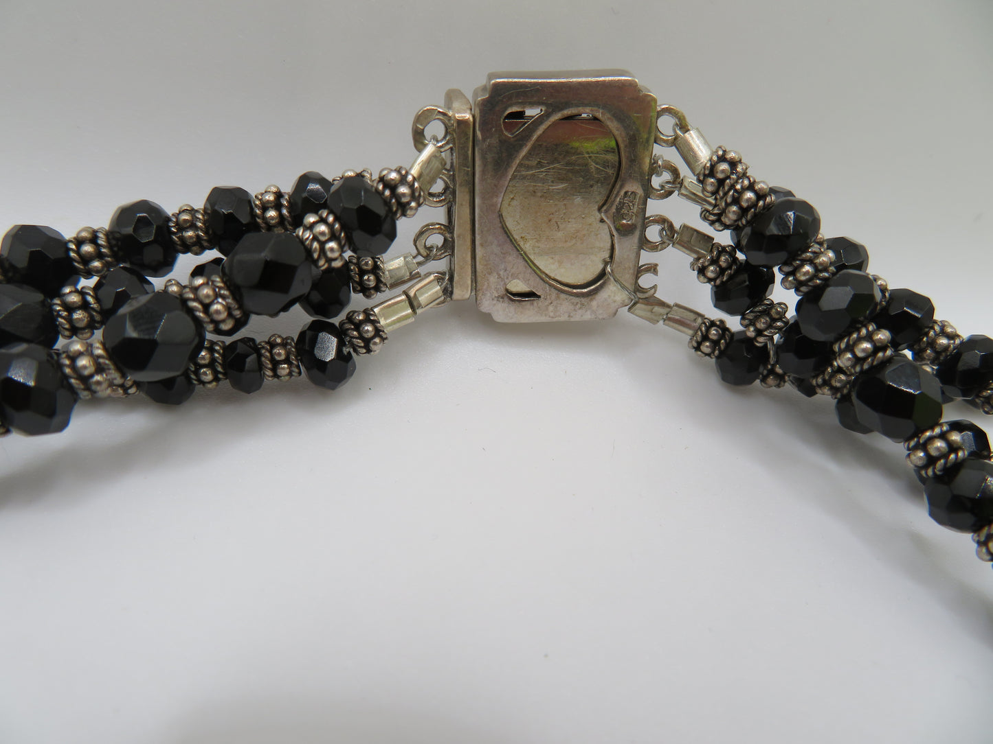 Vintage Sterling Silver Gothic Black Beaded Flower Choker Necklace