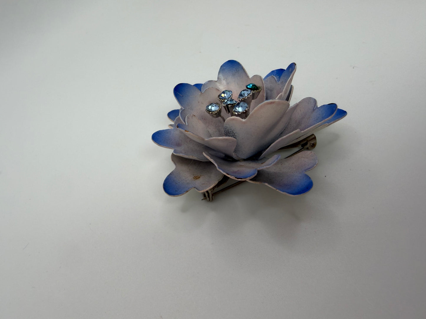 Vintage Sculptural Blue Enamel and Crystal Flower Brooch
