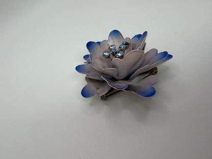 Vintage Sculptural Blue Enamel and Crystal Flower Brooch
