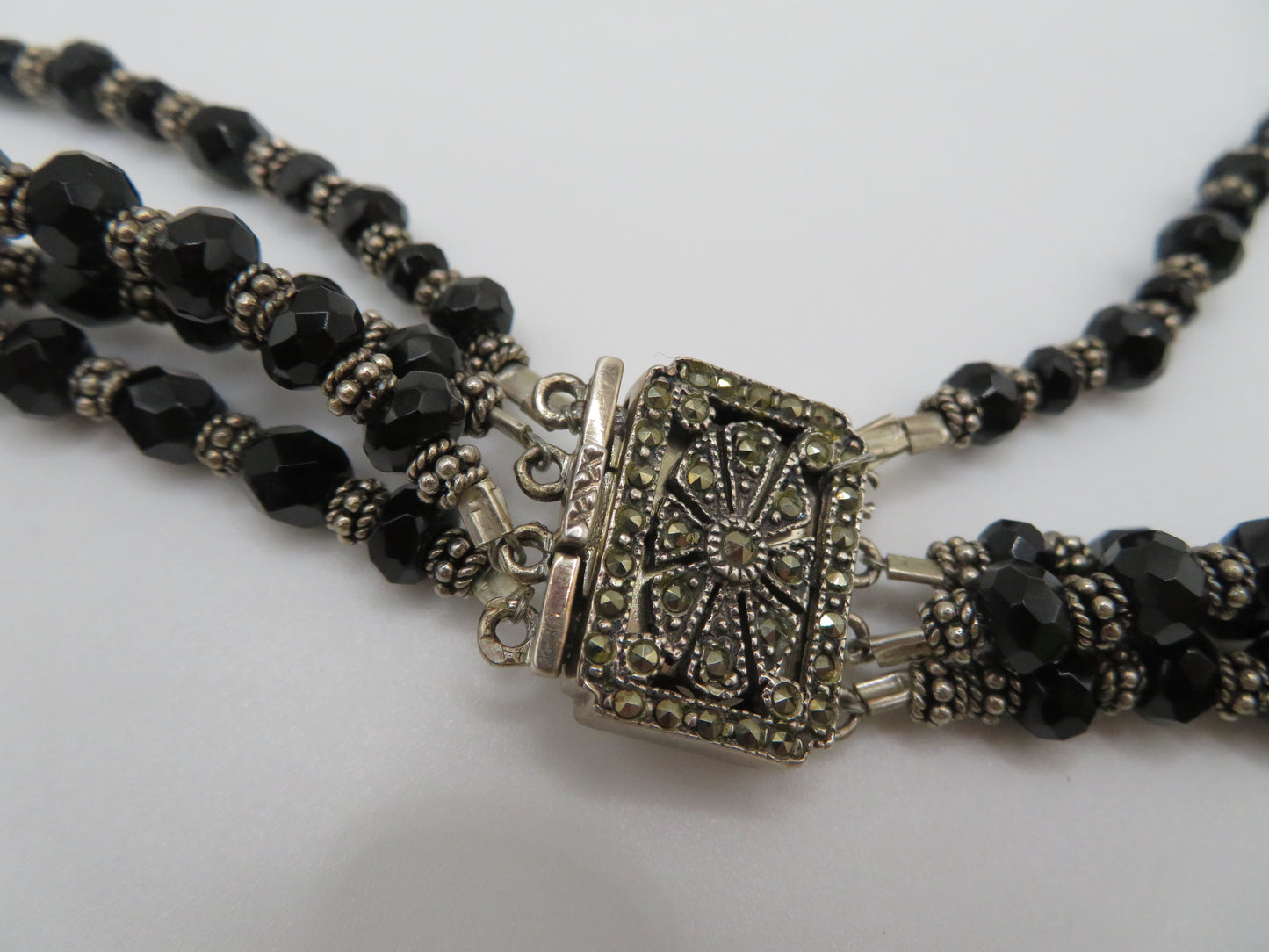 Vintage Sterling Silver Gothic Black Beaded Flower Choker Necklace