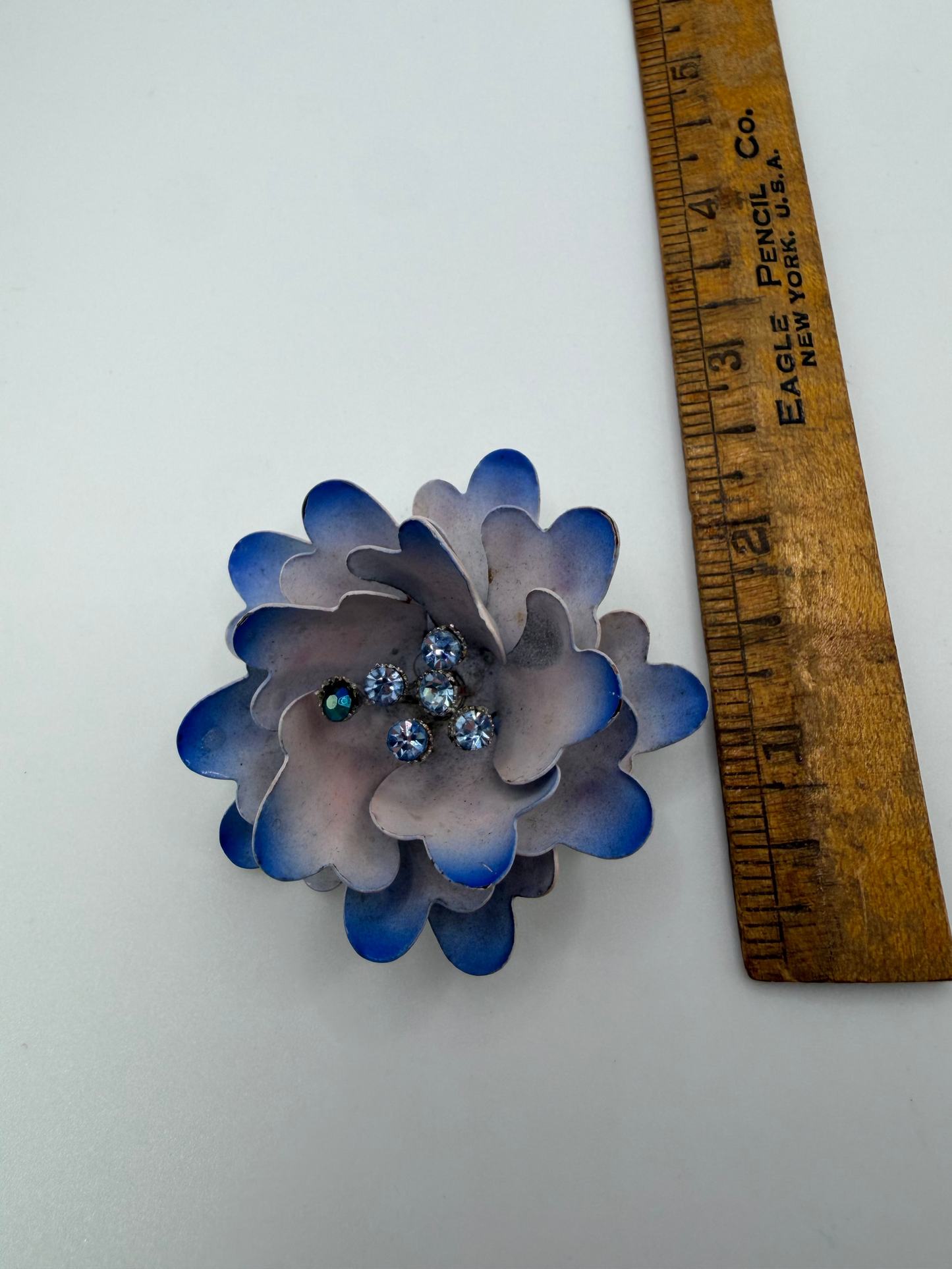 Vintage Sculptural Blue Enamel and Crystal Flower Brooch
