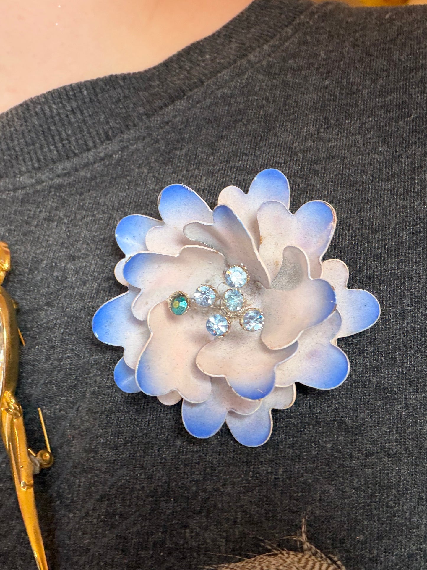 Vintage Sculptural Blue Enamel and Crystal Flower Brooch