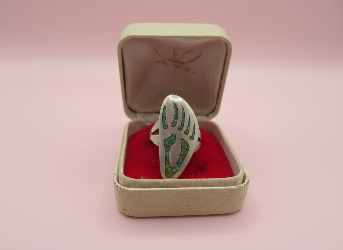 Vintage Sterling Silver Turquoise Navajo Diné Inlay Bear Claw Ring