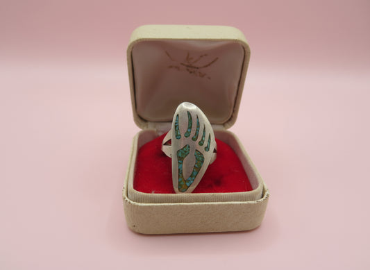 Vintage Sterling Silver Turquoise Navajo Diné Inlay Bear Claw Ring