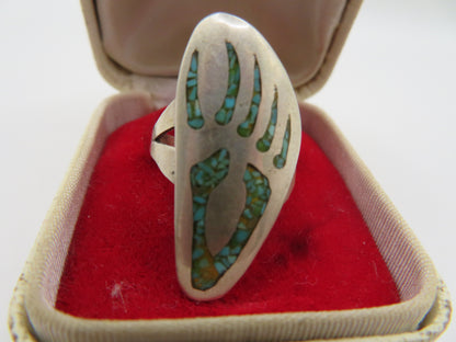 Vintage Sterling Silver Turquoise Navajo Diné Inlay Bear Claw Ring