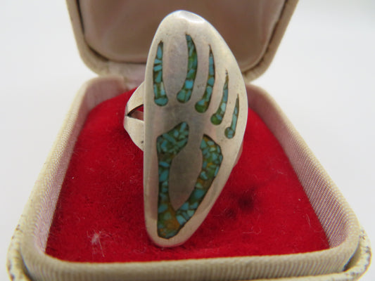 Vintage Sterling Silver Turquoise Navajo Diné Inlay Bear Claw Ring