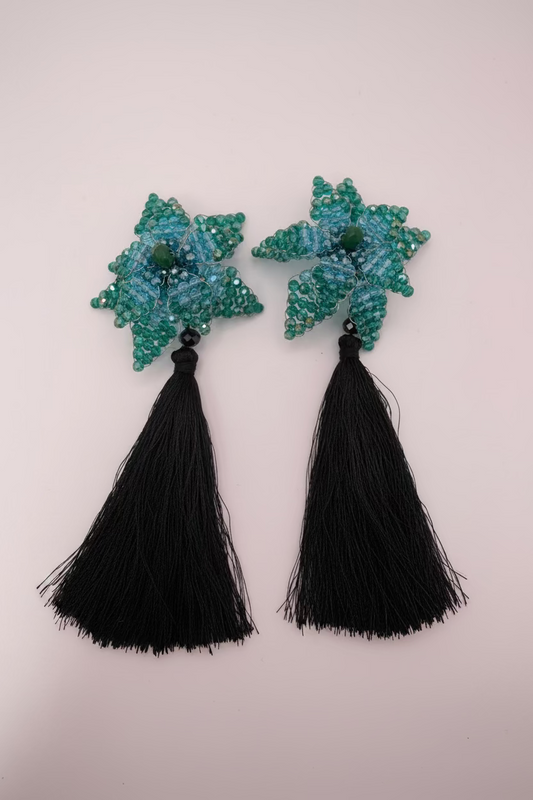 Iris Apfel's Vintage Beaded Starflower Clip On Tassel Earrings - Blue