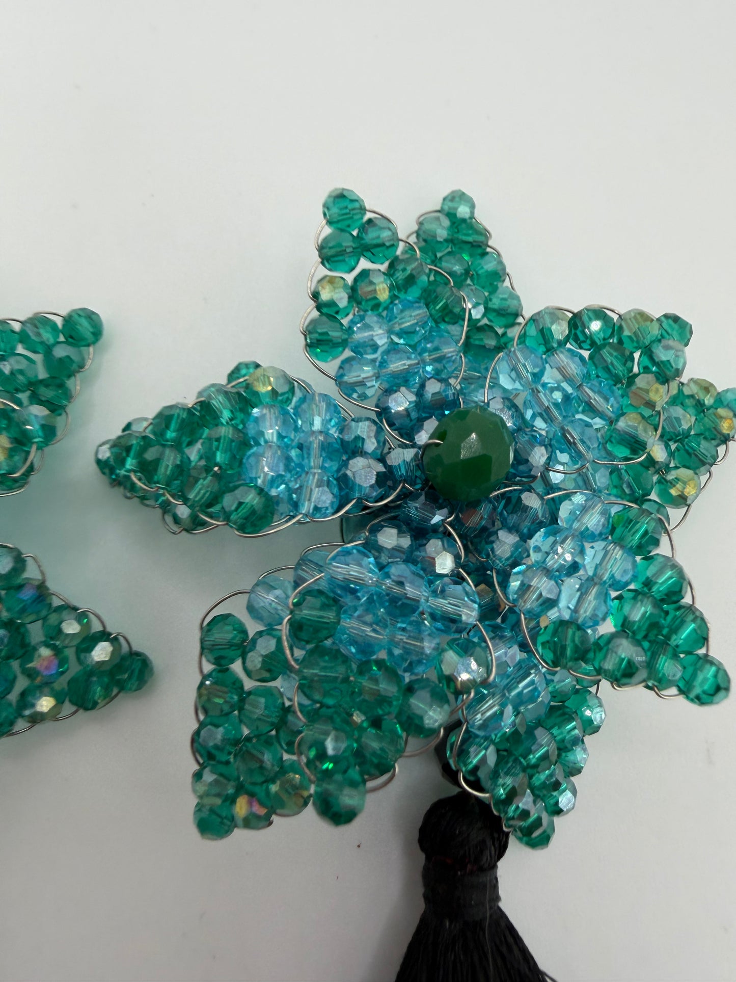 Iris Apfel's Vintage Beaded Starflower Clip On Tassel Earrings - Blue