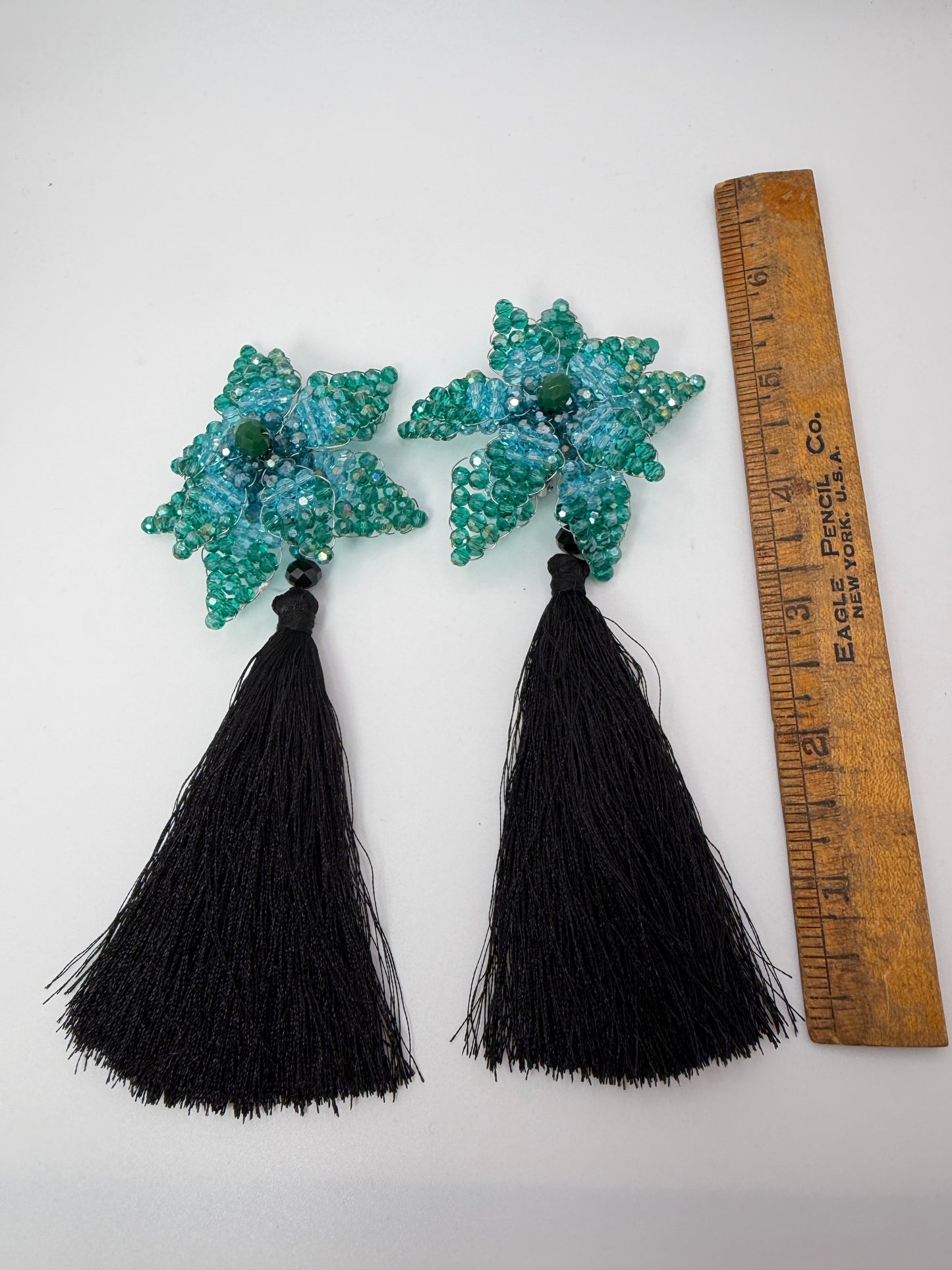 Iris Apfel's Vintage Beaded Starflower Clip On Tassel Earrings - Blue