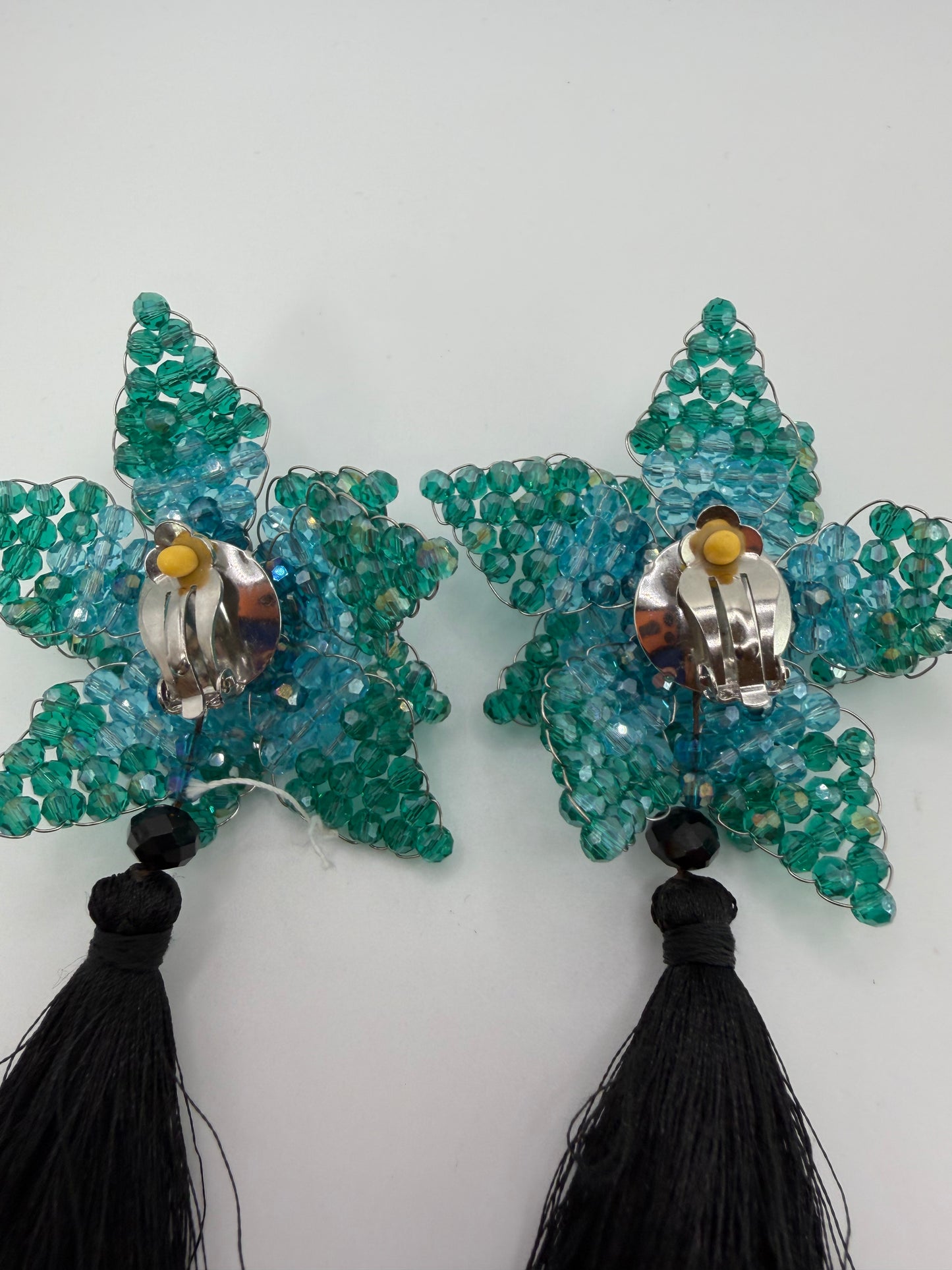 Iris Apfel's Vintage Beaded Starflower Clip On Tassel Earrings - Blue