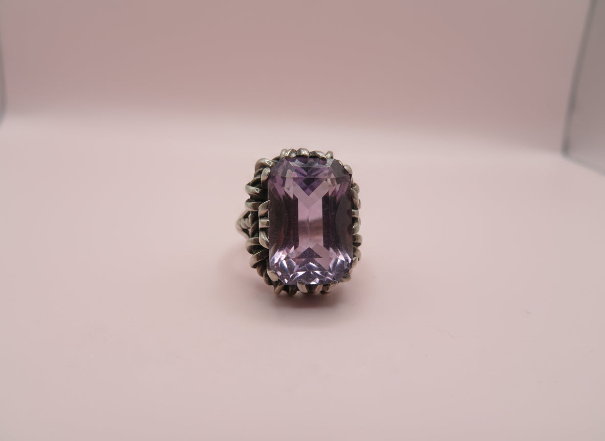 Vintage Chunky Brutalist Sterling Silver Rose de France Amethyst Ring