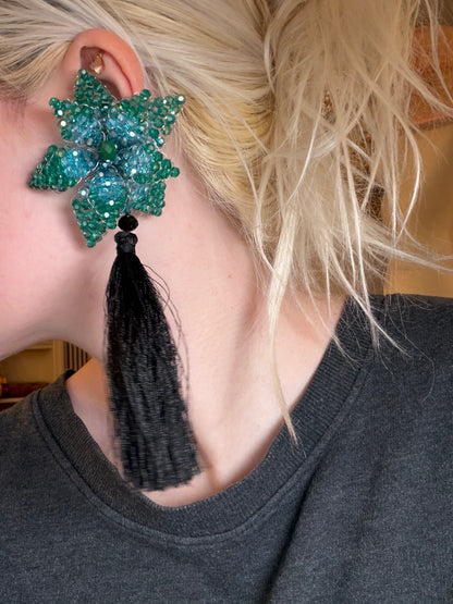 Iris Apfel's Vintage Beaded Starflower Clip On Tassel Earrings - Blue