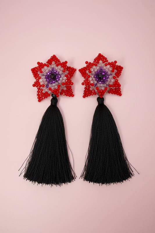 Iris Apfel's Vintage Beaded Starflower Clip On Tassel Earrings - Red