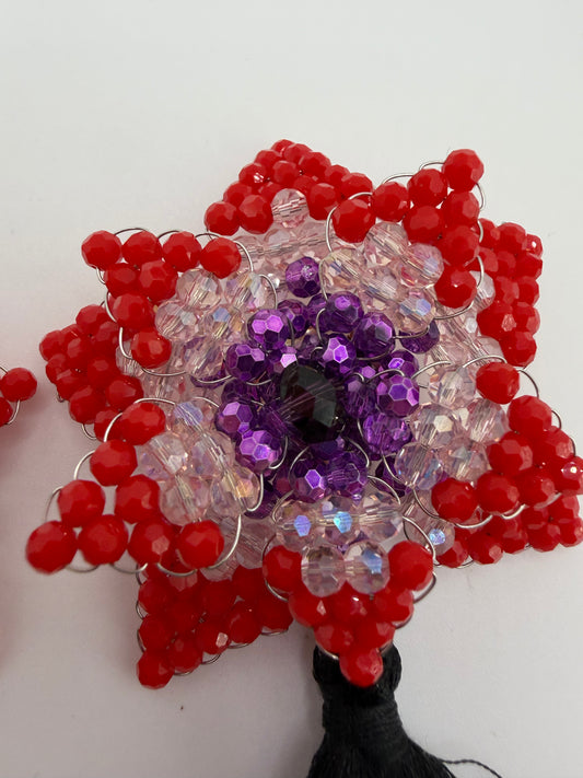 Iris Apfel's Vintage Beaded Starflower Clip On Tassel Earrings - Red