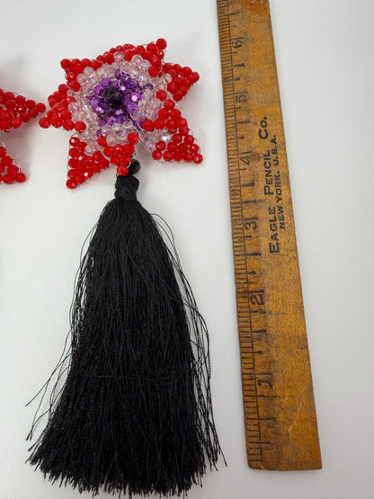 Iris Apfel's Vintage Beaded Starflower Clip On Tassel Earrings - Red