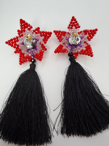 Iris Apfel's Vintage Beaded Starflower Clip On Tassel Earrings - Red