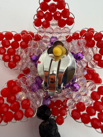Iris Apfel's Vintage Beaded Starflower Clip On Tassel Earrings - Red