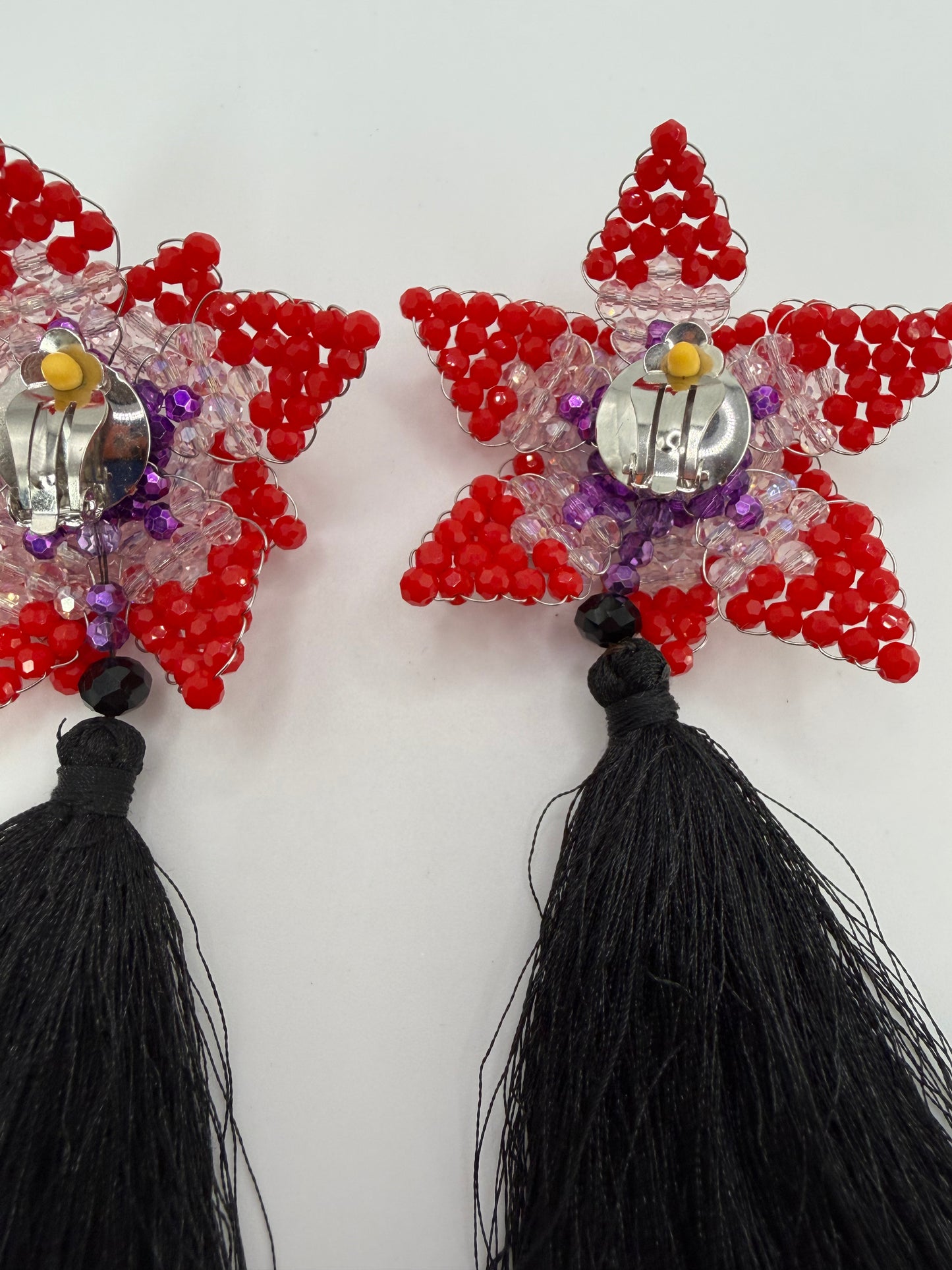 Iris Apfel's Vintage Beaded Starflower Clip On Tassel Earrings - Red