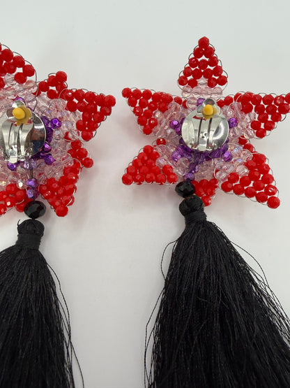 Iris Apfel's Vintage Beaded Starflower Clip On Tassel Earrings - Red