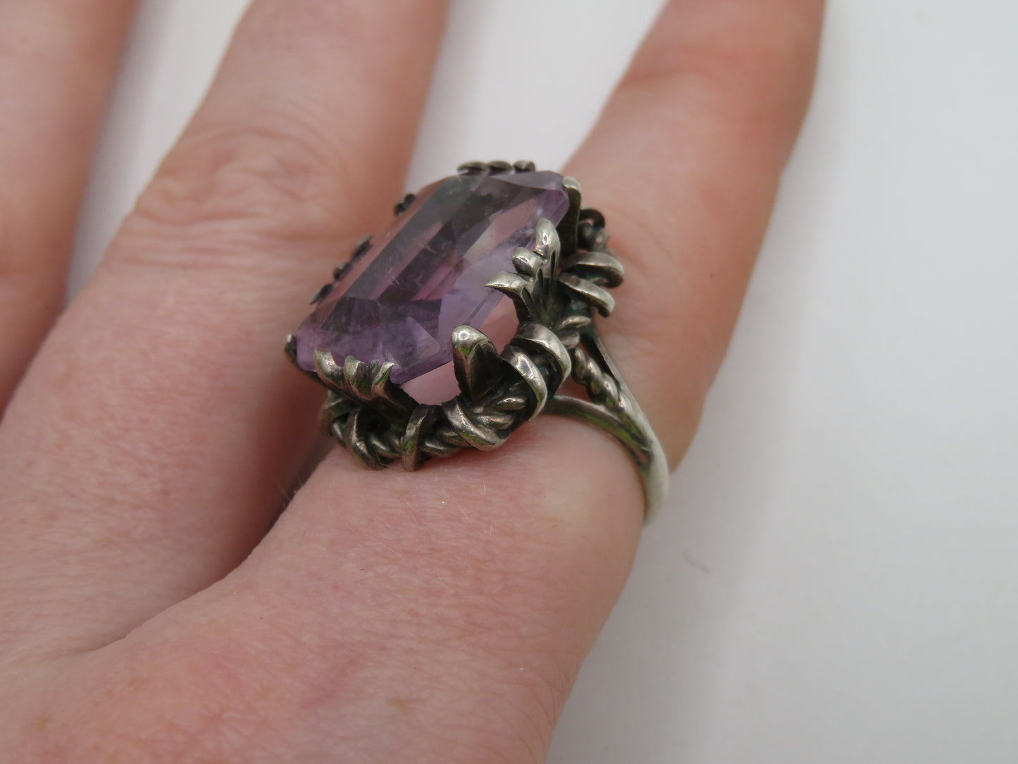 Vintage Chunky Brutalist Sterling Silver Rose de France Amethyst Ring