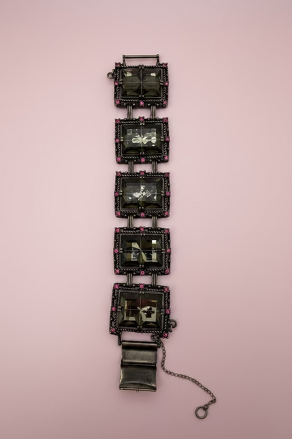 Vintage Sarah Coventry Midnight Magic Smoky Glass & Pink Rhinestone Panel Bracelet