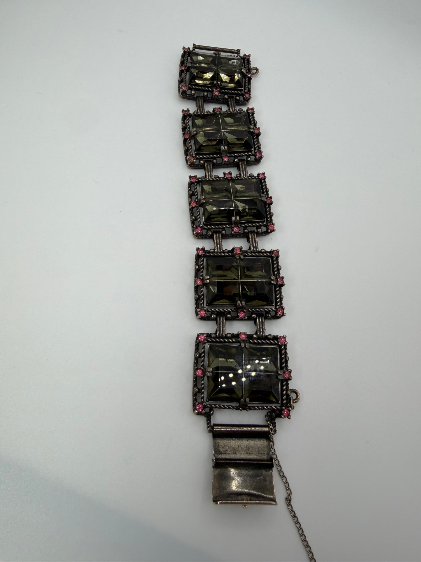 Vintage Sarah Coventry Midnight Magic Smoky Glass & Pink Rhinestone Panel Bracelet