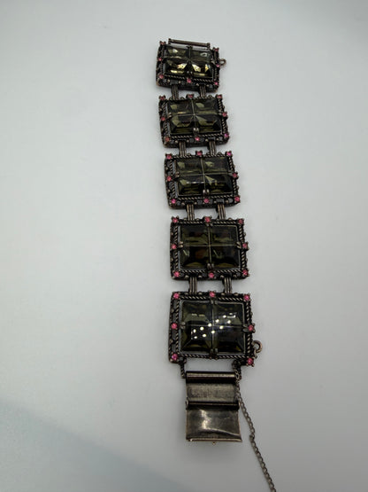 Vintage Sarah Coventry Midnight Magic Smoky Glass & Pink Rhinestone Panel Bracelet