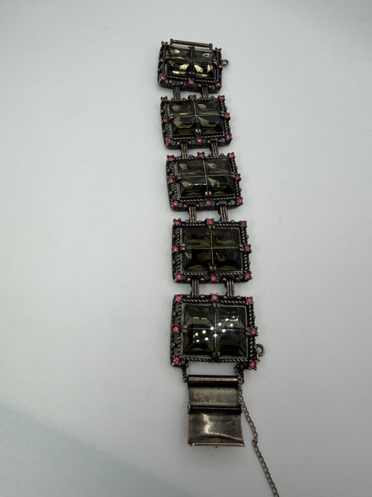 Vintage Sarah Coventry Midnight Magic Smoky Glass & Pink Rhinestone Panel Bracelet