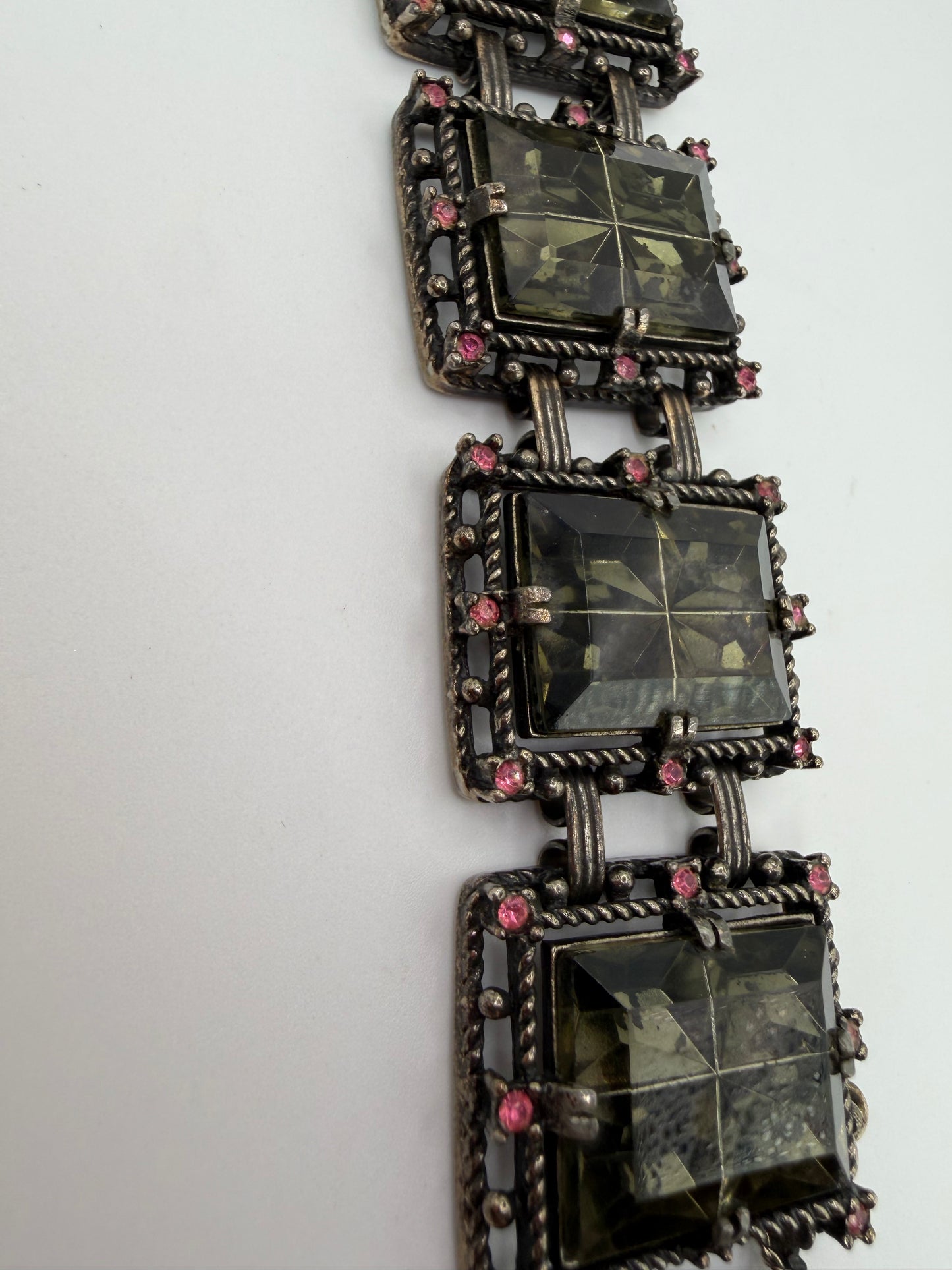 Vintage Sarah Coventry Midnight Magic Smoky Glass & Pink Rhinestone Panel Bracelet