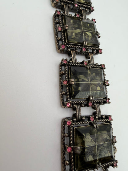 Vintage Sarah Coventry Midnight Magic Smoky Glass & Pink Rhinestone Panel Bracelet