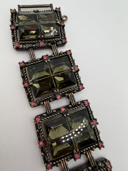 Vintage Sarah Coventry Midnight Magic Smoky Glass & Pink Rhinestone Panel Bracelet