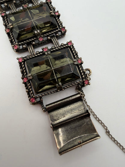 Vintage Sarah Coventry Midnight Magic Smoky Glass & Pink Rhinestone Panel Bracelet