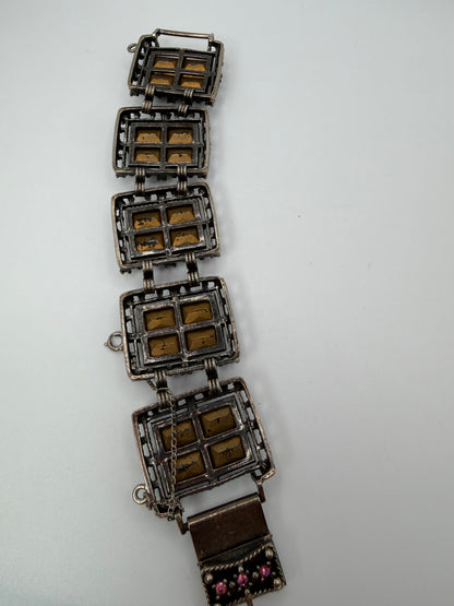 Vintage Sarah Coventry Midnight Magic Smoky Glass & Pink Rhinestone Panel Bracelet