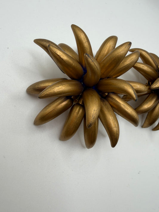 Vintage Huge Midcentury Chunky Gold Flower Clip On Earrings