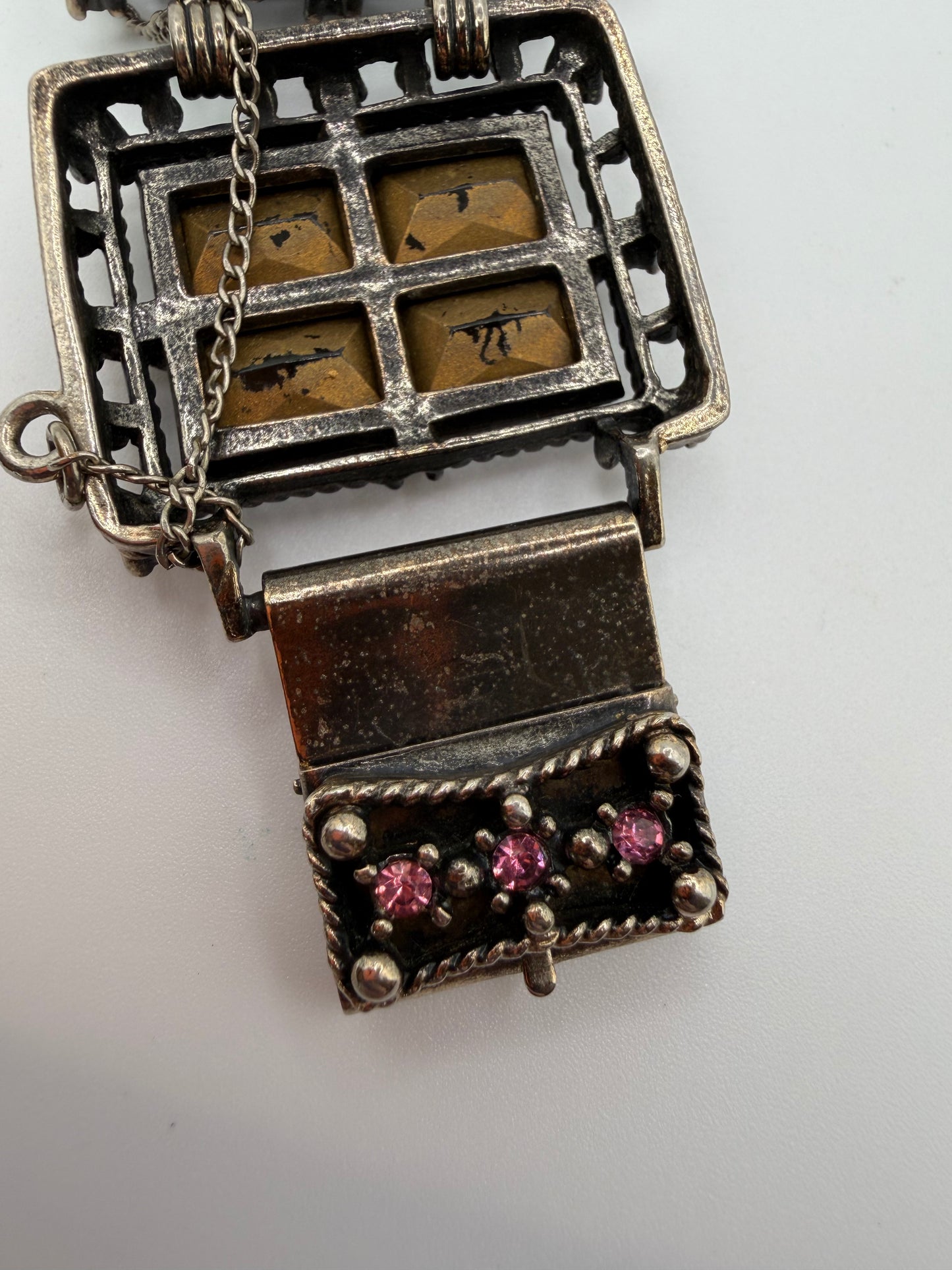 Vintage Sarah Coventry Midnight Magic Smoky Glass & Pink Rhinestone Panel Bracelet