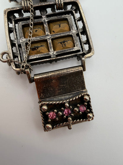 Vintage Sarah Coventry Midnight Magic Smoky Glass & Pink Rhinestone Panel Bracelet