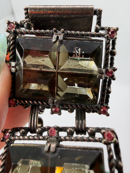 Vintage Sarah Coventry Midnight Magic Smoky Glass & Pink Rhinestone Panel Bracelet