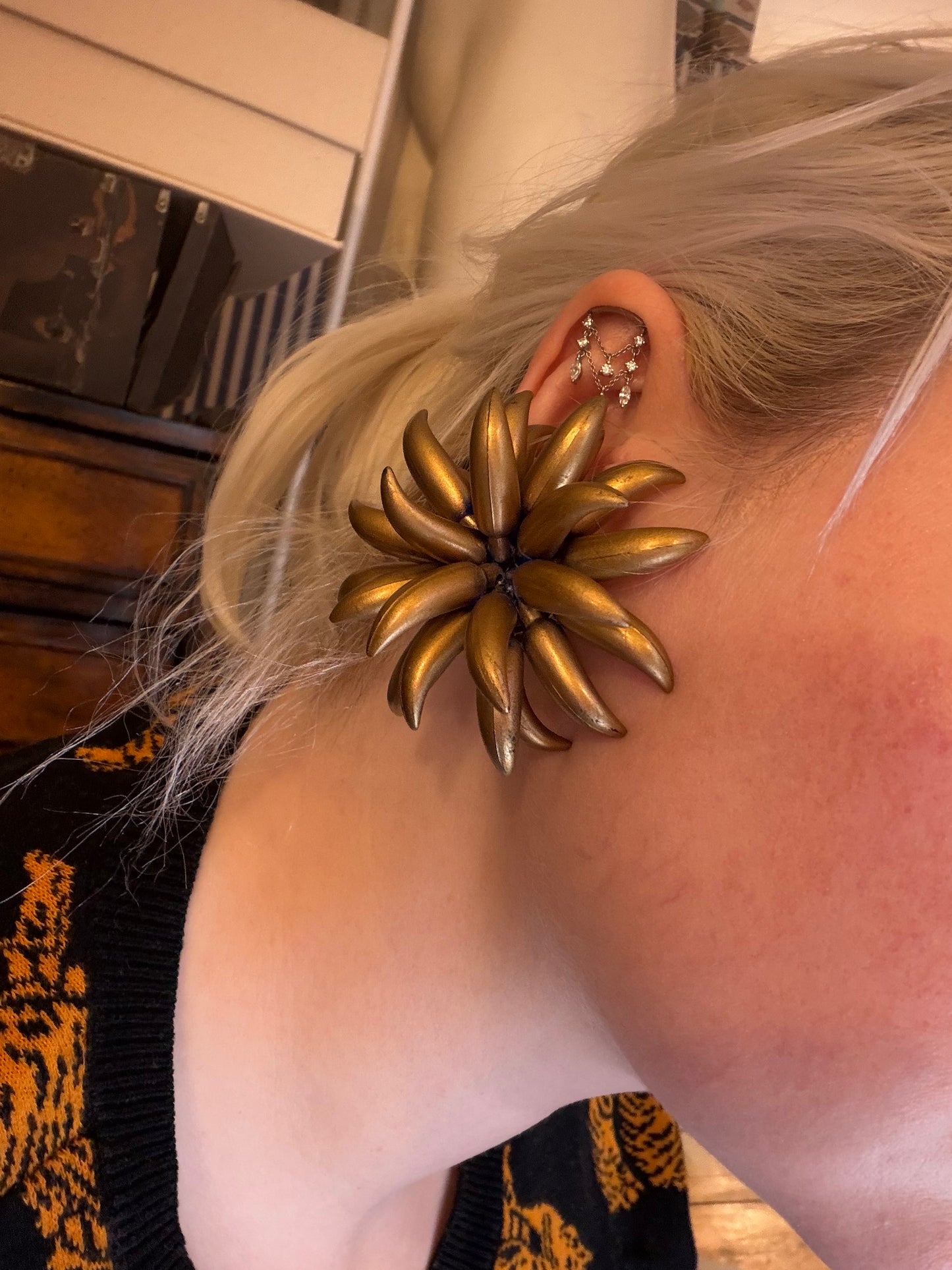 Vintage Huge Midcentury Chunky Gold Flower Clip On Earrings